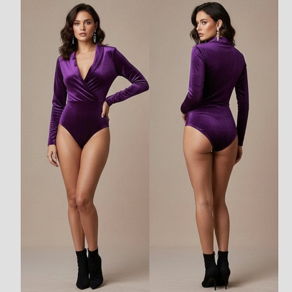 HOUSE OF HARLOW 1960 Purple Velvet Surplice Long Sleeve Stunning Bodysuit